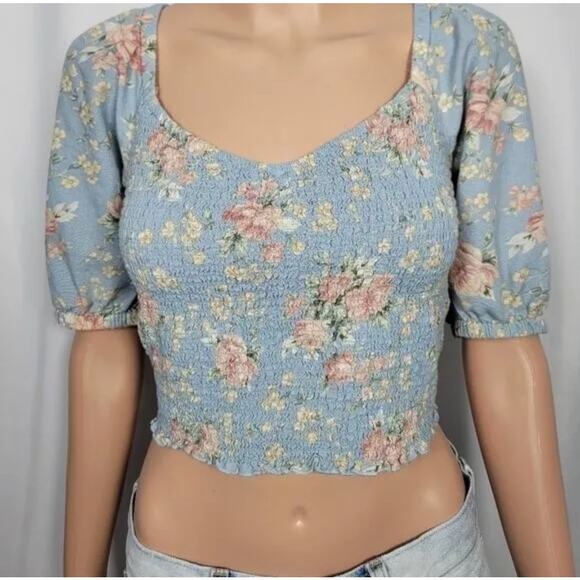 American Eagle Floral Pattern Shirred Crop Top Cotton/Linen Blend Size XL - Picture 1 of 10